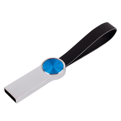 USB flash-карта UFO (16Гб), серебристый с синим, 8,8х1х0,5см,металл, искусственная кожа